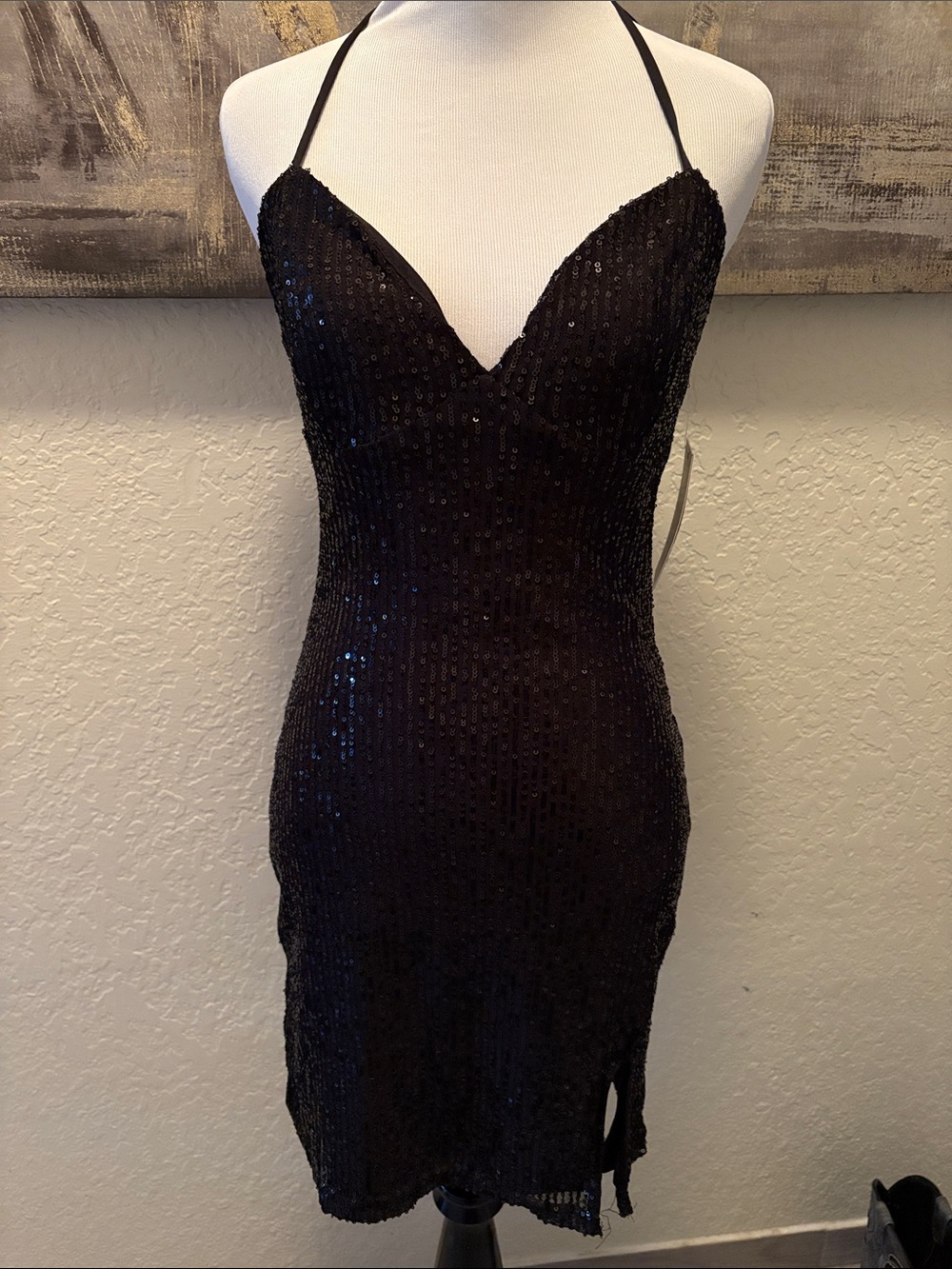 Forever 21 Black Sequin Halter V-Neck Dress